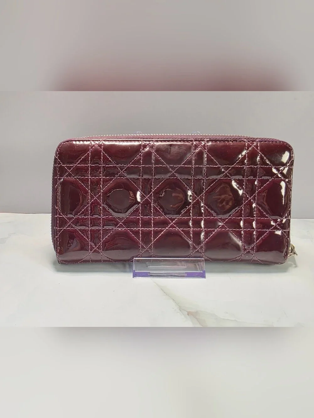 Christian Dior Cannage Patent Leather Zip Around Wallet Burgundy | COA